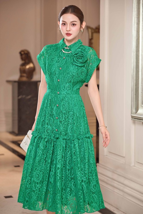 Sixdo Green Lace Flared Dress With Flower